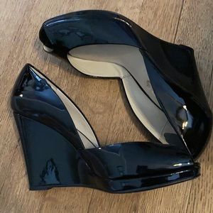 Michael Kors Black Patent Leather Wedge Peep-Toe Heels